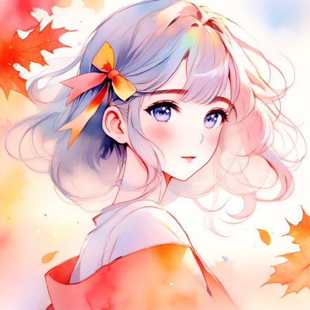 (8k, best quality, masterpiece:1.2),(best quality:1.0), (ultra highres:1.0), manga style watercolor, a beautiful woman, shoulder, hair ribbons half body portrait, extremely luminous bright design, pastel colors, (ink:1.3), autumn lights