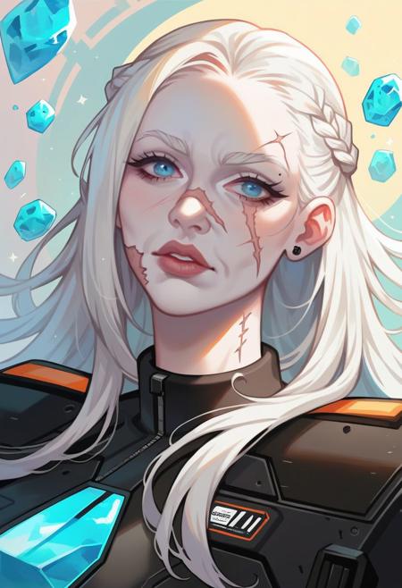 Score 9, Score_8_up, Score_7_up, solo, science fiction, space officer, 50 years old, platinum blonde hair, thick braided hair, french braid, albino, pale skin, slim face, many scars on face, black futuristic uniform mantle, ice-blue eyes, upright pose, proud, upper body portrait, ugly face, bitter look, (elderly:1), slim lips, Sunken face, strict face, black uniform,(grim face:0.5)