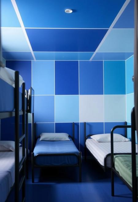 This is one of the dormitories in the hostel, judging by the presence of the
beds.  Noticeably there are no doors or dividers of any kind, therefore no
privacy for the residents.  This could be considered odd, since the room is
obviously intended as a sleeping area.  However, the colors of the walls,
ceiling and floor are sectioned out as blocks - this section is a variety of blues.