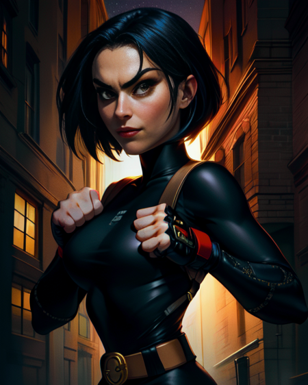 Jade, short black hair, brown eyes,  fighting stance,  smug expression,   closed fists,  solo,  cowboy shot, 
JaBSuit,black fingerless gloves, (black bodysuit), black belt, straps,  tall, 
streets, nighttime, 
(insanely detailed, beautiful detailed face, masterpiece, best quality) cinematic lighting,
 <lora:Jade:0.7>