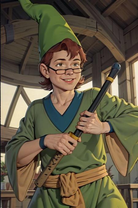 presto <lora:presto_dnd_V1:1>, upper body, green hat, cone hat, green robe, dark green chemise, round glasses, yellow sash, quarterstaff, holding a thick staff, holding, smile, absurdres