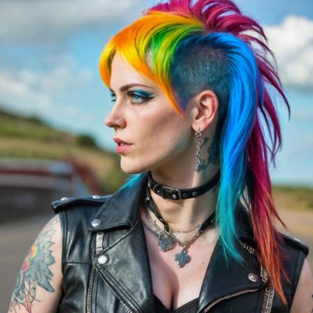 woman with a long shaggyMullet hair style, profile,  photograph, looking at viewer, natural light, subject, 8k uhd, dslr, rainbow multicolored hair, vibrant blue eyes, wearing riding leathers and punk atmosphere, cleavage, amateur pose, Instagram,
 <lora:concept_hair_shaggyMullet_sdxl_v1-shaggyMullet-000005:0.75>