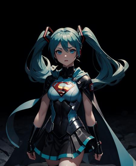 dark theme, hatsune miku, superman_oc, 1girl, blue hair, blue eyes,  medium breasts, miniskirt, blue skirt, looking to the side, blue cape, solo, <lora:superman_oc-09:0.8>,  <lora:LowRA:0.8>