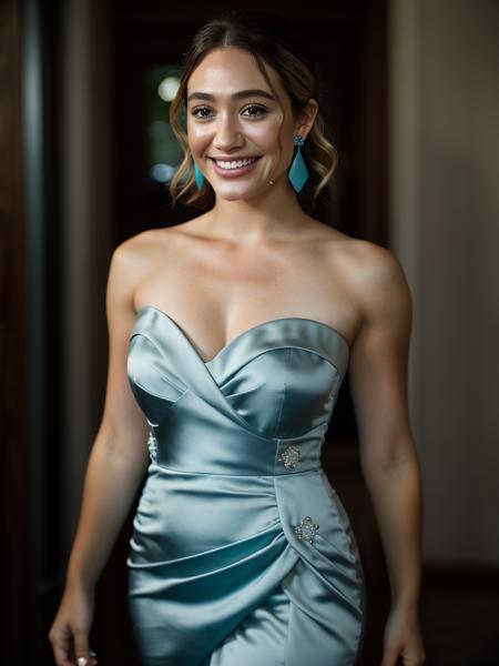 Realistic photo of a beautiful 3mmyr woman,1girl, solo, breasts, smile, blonde hair, dress, cleavage, bare shoulders, jewelry, medium breasts, standing, earrings, teeth, grin, blurry, clothing cutout, strapless, blurry background, blue dress, realistic, soft lighting, professional Photography, Photorealistic, detailed, RAW, analog, sharp focus, 8k, HD, DSLR, high quality, Fujifilm XT3, film grain, award winning, masterpiece<lora:3mmyr:1.0>