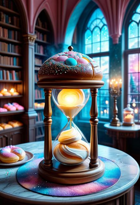 masterpiece, best quality, high resolution, absurdres, ultra-detailed, intricate details, ultra detailed, 8k, highly detailed, very aesthetic, professional 4k, Canon 5d mark 4, extremely detailed, very_detailed, high_detail, sharp focus, clean lines, perfect anatomy, realistic style,  
Baked bun, pastries, bread, Warm, golden browns, creams, pastel glazes, Soft and warm lighting, cozy atmosphere, delicious,
cottoncandy hourglass,
fantasy castle interior, library, fantasy world,
film grain, cinematic, colorful, moody lighting, natural light, soft light, depth of field, bokeh, light particles, backlight, chiaroscuro, refraction, subsurface scattering