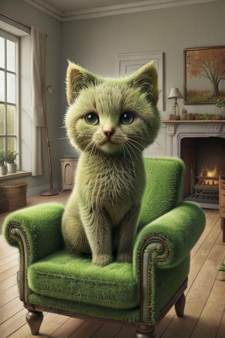 grassify, living room, window, autumn tree, Cute little kittens, 4k, high detail, high quality, realistic, massive huge eyes, grassify painting, grassify armchair.