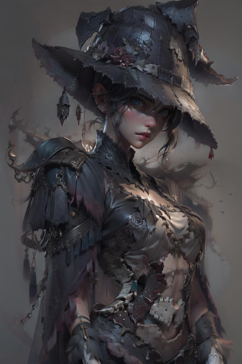 A digital painting of a woman wearing a hat and jacket, with a focus on her hat.