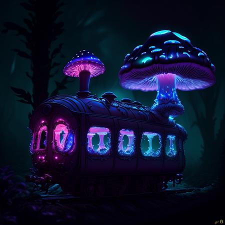 <lora:ShroomPunkAI:.6>ShroomPunkAI train, bioluminescence, night