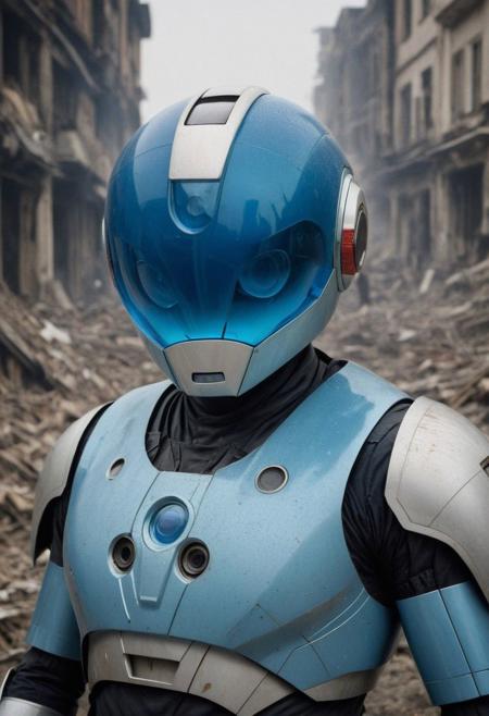 Portrait Photo of a ((((blue gelatine :1.5))megaman:1.4)), who is standing looking at how his city has been destroyed by a nuclear bomb. He has just arrived at the disaster and observes the horror of the destruction, ruined buildings full of smoke and flames, ground full of rubble with skeletons lying around In the dawn light floods the scene, the man is completely dressed in normal clothes and wet, he is dirty, everything is a disaster, the sky is cloudy and it is raining,(beautiful face:1.6), Fujifilm XT3,film still,film grain,cinematic,soldier accessories,war style, professional photo,best quality and best aesthetic,Award-winning artistic photos,Outdoors,public places,( detailed in background:1.6)Perfil,18-20 (dirty:1.8)