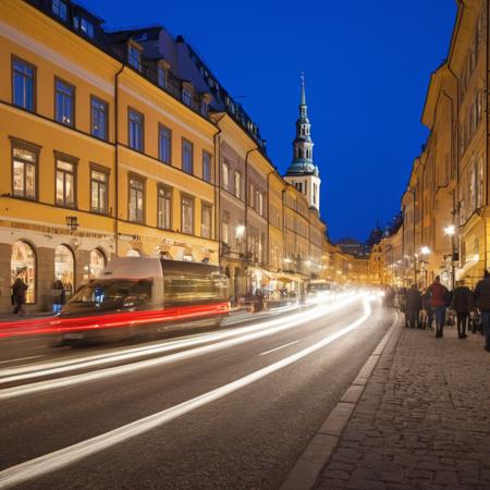 Magazine cover photo of the fanciest stockholmer main avenue at night, crowd, cars, vibrant colors, (studio lighting:1.5),  motion blur, best of the best, masterpiece, high quality,  <lora:add-detail-xl:2.0>