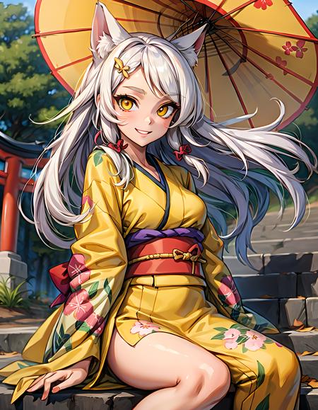 masterpiece, 1girl, best quality, beautiful detailed eyes, perfect face, beautiful detailed face, looking at viewer, sigma 400mm f1.8, photo fine print, amazing sharp focus, ultra detailed, yellow eyes, long hair, white hair, kimono, smile, animal ears, long sleeves, stairs, torii, sitting, floral print, medium breasts,  <lyco:GoodHands-beta2:1.0>