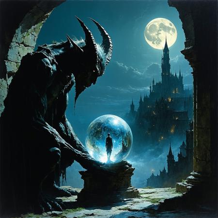 Painterly dark fantasy illustration, style of Brom and Zdzisław Beksiński. Medium close-up: Ancient stone gargoyle, hunched posture, gazes intently into a luminous crystal orb glowing with cool white light. Within the orb, a sharp, miniature vision: an unaware human on a mundane street. Dramatic moonlight casts stark highlights on weathered, moss-flecked stone, contrasting deep abyssal shadows. Visible, textured brushstrokes. Swirling nocturnal mist obscures the distant city. Atmosphere of intense concentration, arcane observation, eerie stillness.