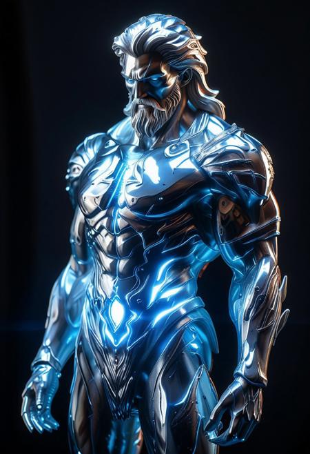SilverPulse, silver sculpture of Zeus , powerful energy beam shooting from chest,  opulent study, layering outline with zirconia light, intricate, hyper-detailed, professional photoshoot, ultra-sharp, vivid colors, dark lighting, 50mm lens,