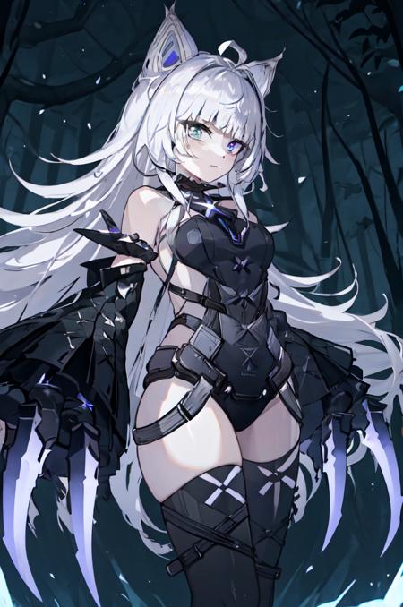 wolf ears, white hair, very long hair, green eyes, heterochromia, black hairband, detached collar, detached sleeves, wide sleeves, black leotard, hip strap, black thighhighs claw, claws \(weapon\), glowing purple lightning wolf tail