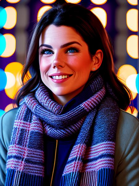 photo of (lorelaigilmore:0.99) wearing a gray scarf, with a knit jacket, with a purple shirt, detailed face, realistic skin, high quality, (blue eyes:1.1), Leica 50mm, f1. 4, natural light, grainy, (high detailed skin:1.2), high detail