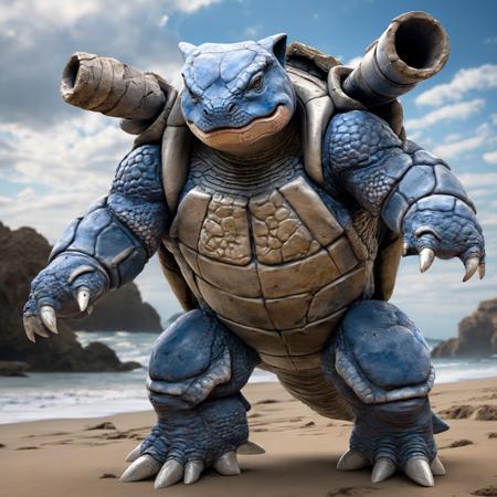 super realistic photo of full body shot of blastoise, a blue turtle with brown shell, teeth, pokemon, beautiful nature in background, , HD, masterpiece, best quality, hyper detailed, ultra detailed,