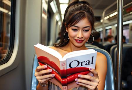 Candid photo of a sexy bipoc college coed with a ponytail and no makeup, sitting on a crowded metro train reading a sexy hardcover book with a close up photograph of a woman's lips and "Oral" printed on the cover. She is wearing a loose tank top that shows her cleavage. She is sexually aroused, her eyes looking at the book in a fascinated way. Her mouth is slightly open and smirking and she looks bashful and shy. She is flustered and excited by what she is reading. The book says "Oral" on the cover in large letters. Her eyes are focused on the page that she is reading. She has hoop earrings and a thin bracelet.