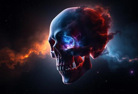 photorealistic dark cosmic nebula like a 
skull made of clouds with fangs, in hues of black, orange, blue, and purple, and with 6 diffraction lines on stars