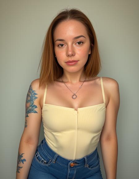 (freckles:1.2),brown eyes,necklace,tattoo,(face freckles:1.2),full body,jeans,