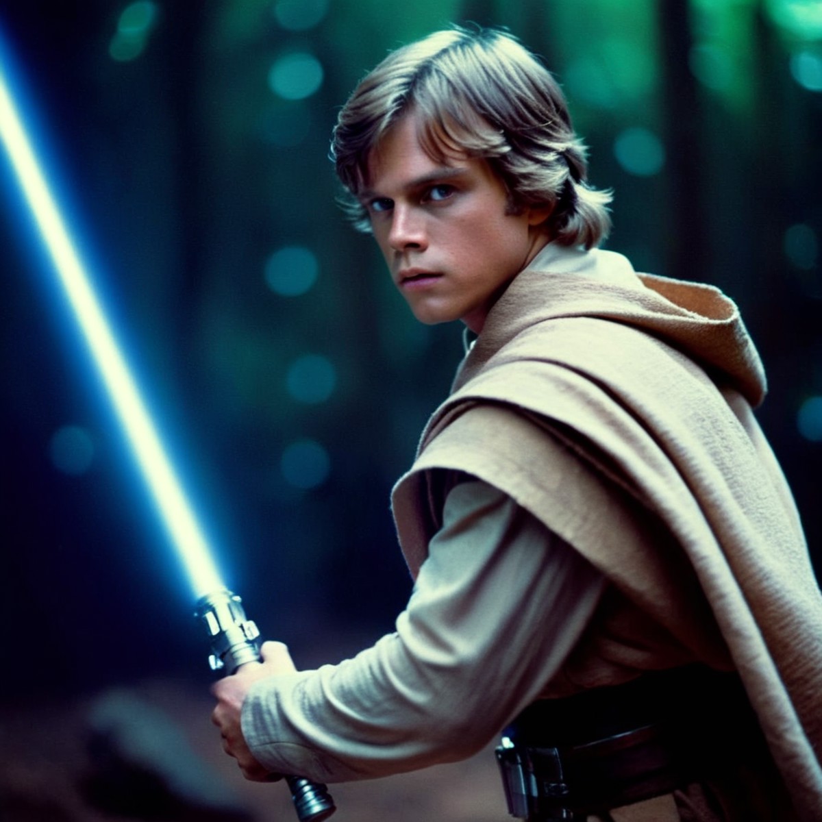 cinematic film still of  <lora:Luke Skywalker:1.2>
Luke Skywalker a young man with a lightsaber sword in his hand in star ...