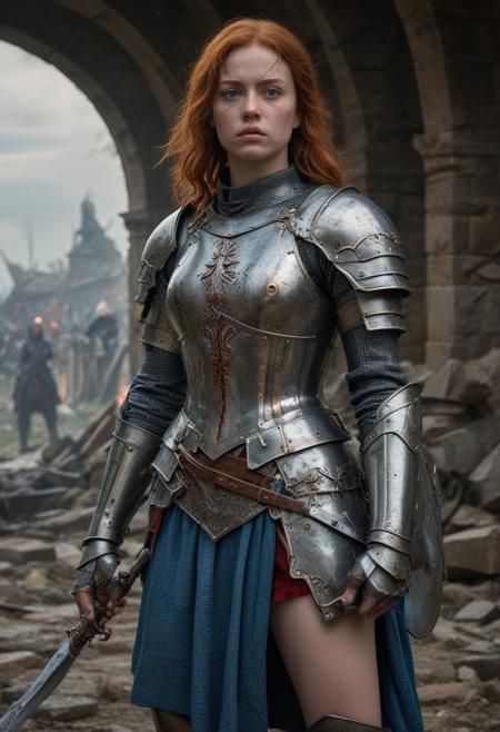 High resolution ultra-realistic of Beautiful Warrior Sadie Sink as Joan of Arc, 8k, capturing the intensity of the moment, cinematic lighting, standing on a bloody and stormy battlefield in bloody battle, wavy red hair, realistic dirty pale face, realistic blue eyes,  beautiful hourglass figure, burning in a medieval Town, intricately designed iron and silver armor, red mini skirt, Dark Ages Aesthetic, perfect athletic figure, beautiful Warrior Joan of Arc, fire, ultra realistic, cinematic style, vigorous and seductive, athletic figure, dark fantasy, dramatic lighting, wet and sweaty skin, dirty skin, athletic figure, dark fantasy, dramatic lighting, Greg Rutkowski style,, Warrior Joan of Arc on in iron armor, hyper-detailed, hyper-realistic, bright colours, Attractive 21 old years girl, Attractive, beautiful firm Breasts, sharp focus, digital painting, Photograph Taken on Nikon D750, Alphonse Mucha, 8K, athletic figure, Hyperdetailed, hyperrealism, Attractive, Attractive bust girl, asymmetric balance