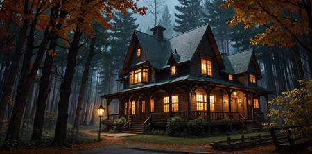 haunted house in a fall forest (intricate details:1.12), hdr, (intricate details, hyperdetailed:1.15) <lora:Panorama:0.2>