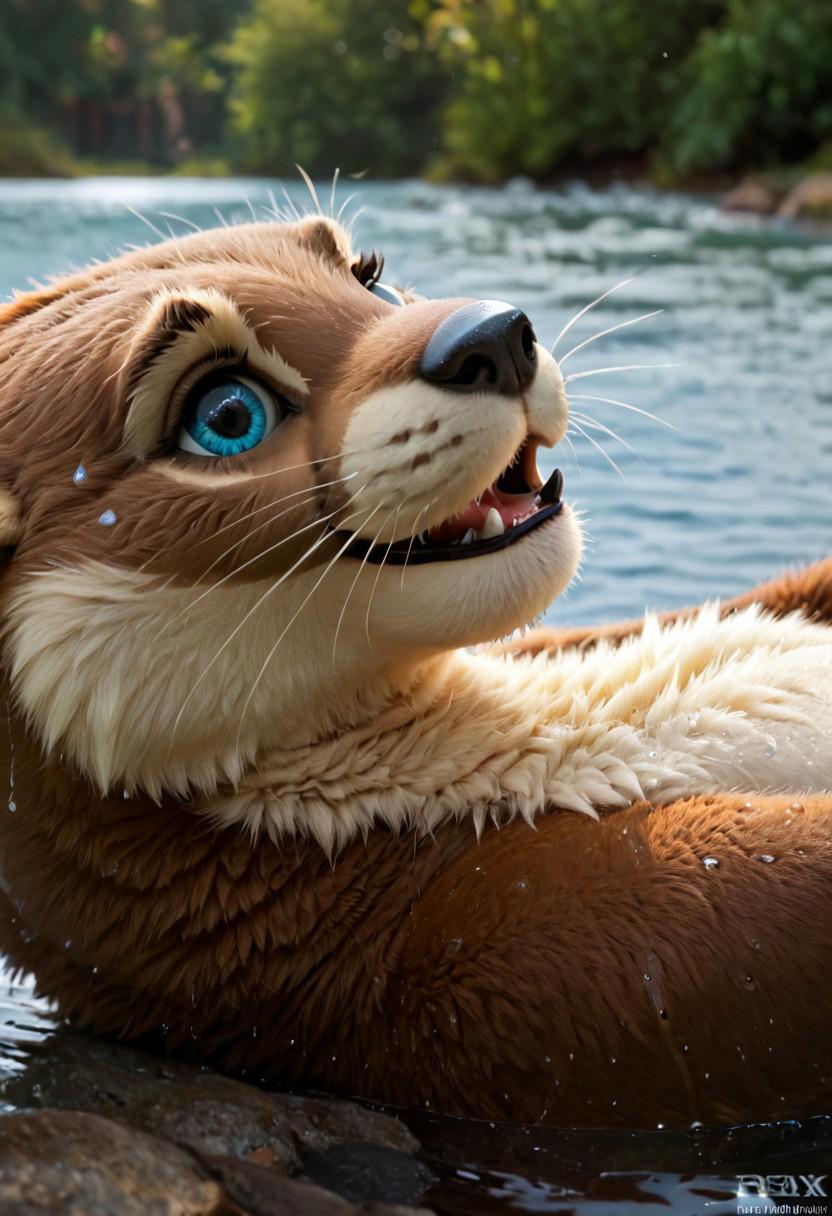 Score_9, Score_8_up, Score_7_up, dynamic lighting, sharp focus, realism, realistic, cell shaded, realistic fur, detailed background, detailed fluffy fur, long fluffy fur, photorealism, hdr, digital art, masterpiece, 4k, fine details, cinematic shot, (((((otter, river otter, anthro otter, realistic otter face, body fur, detailed fur, realistic wet fur))))), hourglass figure, slender figure, furry breasts, slim waist, wide hips, big butt, thick thighs, tail, thick tail, hyperrealism, open mouth, fangs, (anthro),  solo, on water, lying, look up, ((on back side, close-up)), river bank, fluffy, wet, wet skin, ((side view)), relax