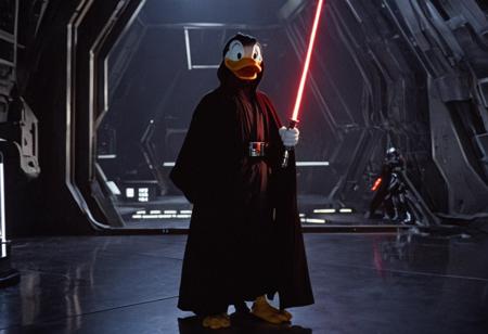 high resolution cinematic film still, (donald duck muppet:1.2) as a star wars sith holding a glowing red lightsaber and wearing a black robe, standing in a futuristic space hangar, chrome elements, window showing space and a planet in the background, cold artificial light, analogue film in the style of 1980