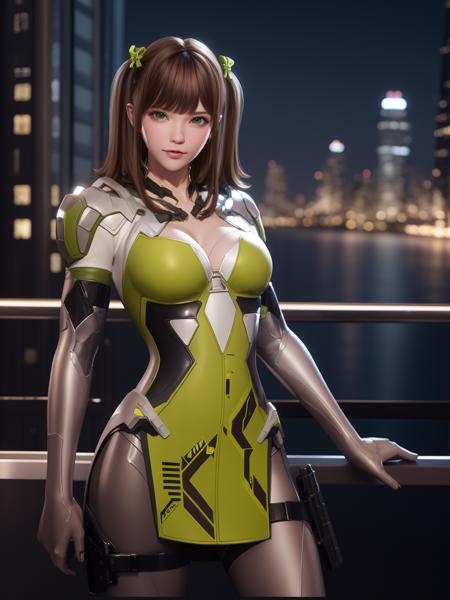 CFqingyaLHWZ, 1girl, solo, brown hair, green eyes, breasts, bodysuit,looking at viewer, lips, medium breasts, twintails, bangs,thigh holster,hair bow, <lora:CFqingyaLHWZ:0.75>,cityscape, night, mature female,