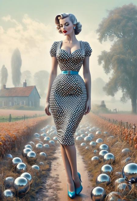 made from chrome balls, A 1950s pin-up Woman standing in a misty 19th-century countryside,  distorted reality,softly, weathered, allure, sense of movement, iconic street art, render octane ,Vibrant composition, nuanced composition,pencil drawing