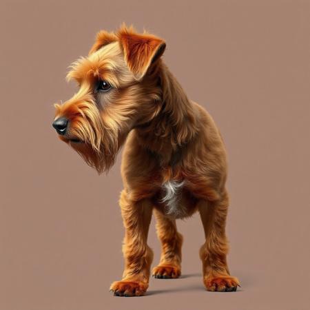 Create a realistic photograph of a dog, a mix between a Scottish Terrier and an American Cocker Spaniel. The ears and muzzle should resemble those of an American Cocker Spaniel, the coat should be coarse with a small beard, and the color should be red. The dog should be depicted standing, in profile