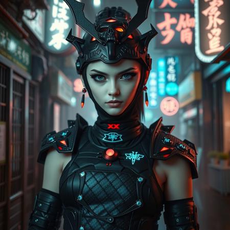  A photorealistic full-body vertical portrait of a fierce goth vampire samurai girl with pale skin and sharp, aggressive features, set in a dystopian Neo-Tokyo inspired by Blade Runner. She has intense goth makeup with heavy black eyeliner and dark eyeshadow, and a cold, defiant gaze. Her mengu mask is gothic and futuristic, with skull motifs, spiked edges, and glowing engravings in neon red and electric blue. Her samurai armor blends tribal and cyberpunk influences: black carbon fiber plates, crimson LED accents, turquoise circuitry, and angular, tech-enhanced design elements. She stands confidently in a rain-slick neon-lit alley, surrounded by holograms, mist, and glowing kanji signage. The atmosphere is dark, cinematic, grainy like 16mm film, and full of cyberpunk tension. No text or letters appear in the image.   The atmosphere is moody and cinematic, with soft bokeh, dramatic lighting, and a grainy 16mm film look. Highly detailed, rich in emo and goth influence, with no text or letters in the image.

Simulating Kodak Ektacolor Pro 160, with a custom white balance at 5500K. cinematic lighting, analog film, film grain, kodak chrome, cool cinematic tones,high contrast, sharp details, with moody lighting that adds depth,. (cinematic atmosphere:1.3), deep photo, depth of field, (black hair)), , (ambient occlusion), (cinematic lighting:1.3), (4K image quality:1.3), (sharp detail:1.3), (highly realistic:1.3), (dim warm cinematic lighting:1.3)
