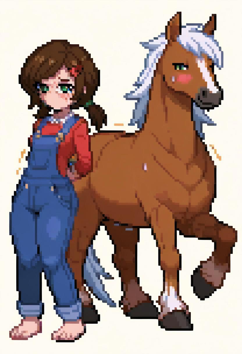 score_9, duo, 1girl and 1horse,human girl and huge feral horse,mom,tall,standing, small breasts,low pigtails, hairclip,(messy hair:0.7), freckles,tanned, green eyes, overalls,confident,trembling, deep blush, looking at you, exhausted,smug,deep blush, sweat, steam, full body, <lora:pk_trainer_xl_v1-1:0.9>, pixel art, 2d, full portrait, simple background, white background