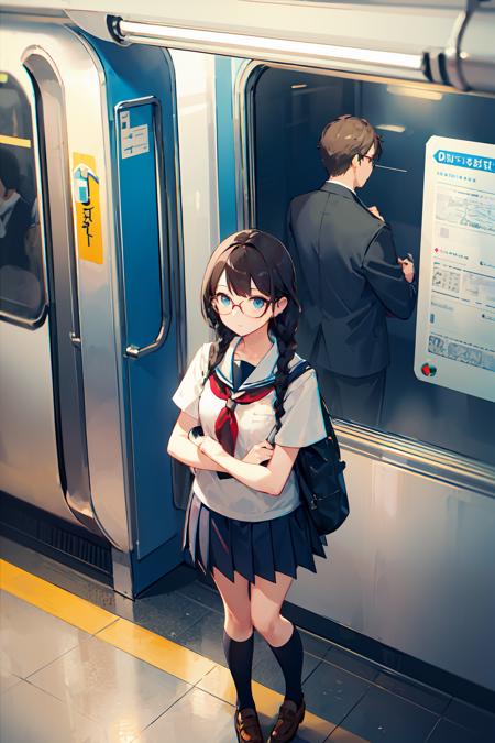 ((masterpiece,best quality)), <lora:GoodHands-vanilla:1>,from above,depth of field,1girl, school uniform, twin braids, glasses, subway station,subway,train station, people