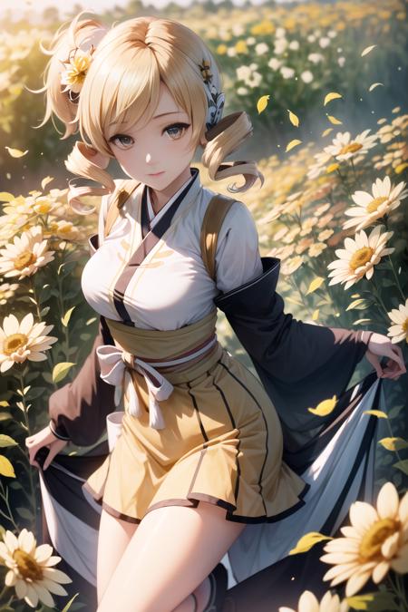 1girl, solo, cowboyshot, from above, Mami Tomoe wearing a (kimono:1.2), (posing in a garden), casual pose, extremely detailed textures, posing, (detailed anime eyes),<lora:MamiTomoe:1> BREAK field of yellow flowers, aesthetic, intricate, sharp focus, aesthetic, intricate, sharp focus, best quality, extremely detailed,bokeh