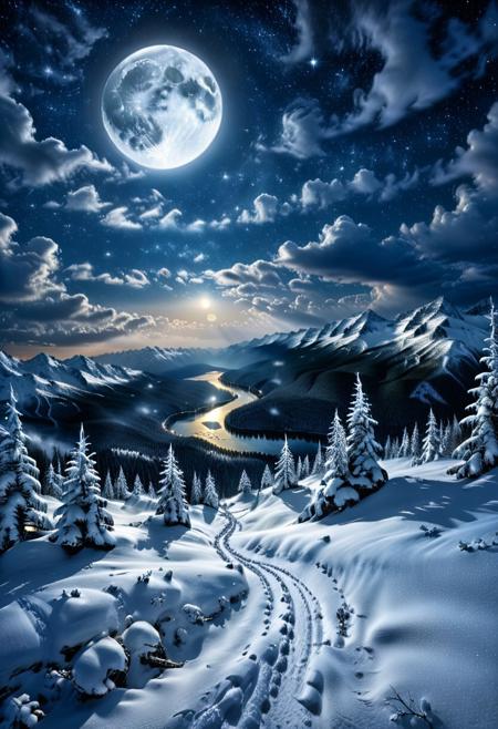 Majestic taiga covered with snow at night, bright stars twinkling in the sky, full moon illuminating the landscape, hyper-detailed, cinematic, serene atmosphere, stunning realism, by Thomas Kinkade and Ansel Adams, 4k resolution, masterpiece digital painting