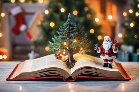 realistic image,  an open book of fairy tales lies on the table,  a fairy-tale christmas and Santa Claus tree appears coming out of the book,  christmas time,  magical,  The background is bokeh.,<lora:EMS-36559-EMS:0.600000>