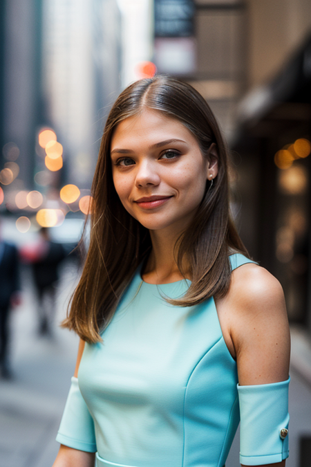 SashaKaigorodova, photography by (Rodney Smith:1.3), ((face focus, shoulders)), modelshoot, pose, (business dress, facing viewer, busy Manhattan sidewalk, looking at viewer, blurry background, bokeh, ID photo:1.3), grin