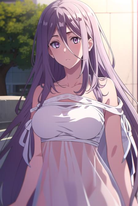 tokime, purple hair, (purple eyes:1.1), long hair, dress, bare shoulders, white dress,