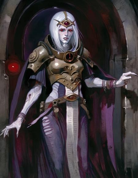 a woman,cassiart,pale colored skin,arms at sides,red eyes,((oil painting)), <lora:John Blanche Style:1>,john blanche style,in dark tunnel,expressionless,purple dress,armor,cape, <lora:CassiaXL:0.85>