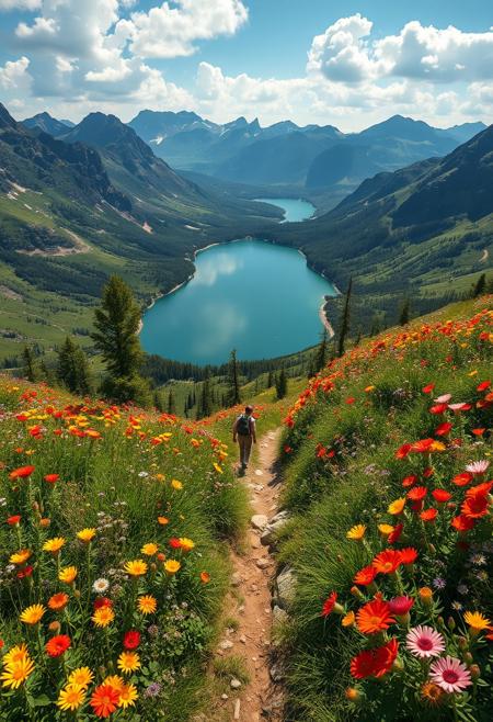 Bird's eye view of an alpine lake hiking trail, vibrant wildflowers in bold colors, sunny day, high detail, realistic landscape, hyper-realistic digital painting, cinematic, by Claude Monet and Thomas Kinkade, 4k resolution
