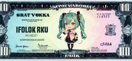 masterpiece, best quality,money,dollar bill, 1girl,banknote,hatsune miku, chibi