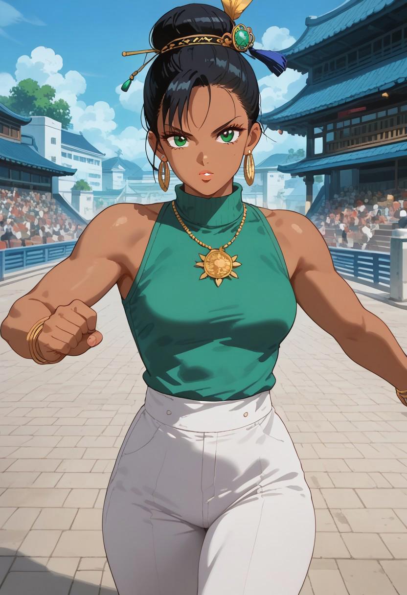 score_9, score_8_up, score_7_up, source_anime, ultra detailed, best quality, anime screencap, Expressiveh, 1girl, solo, Bimbo, hair bun, [black|white] hair, big green eyes, parted bangs, dark skin, dark-skinned female, jewelry, necklace, earrings, curvy, medium breasts, Wide_Hips, Thick_Legs, Big_Thighs, fighting stance, pose, confident, chinese clothes, green turtleneck shirt, sleeveless, white pants, on courtyard, arena, night