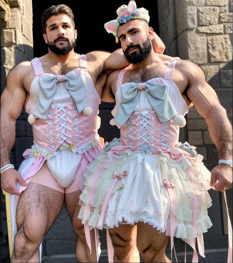 Two men dressed in pink dresses and diapers pose for the camera.