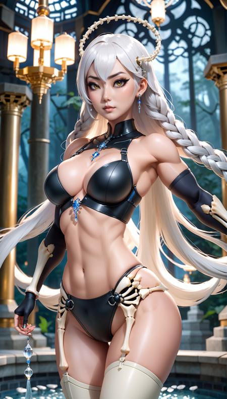 valkyrie , valhalla, anime style, medium breasts, muscular hourglass figure, wide hips, muscular legs, narrow waist,  bust, villainess, (makeup:1.3),(high collar:1), (asian:1.3), (Chandelier made of bones,Pipe organ,Divination pool:1.3),in a haunted moonlit forest, in a  foundry, bombshell hair, matte white hair, Infinity Braid, cowering<lora:EnvyValkyrieXL01:1.5>