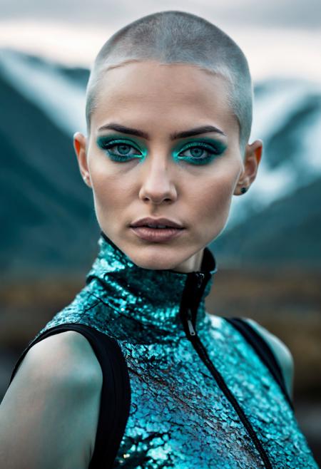 Craft a highly detailed cinematic (full body portrait), capturing the essence of a character in a cinematic setting.
Femme .
Caucasian .
(Expression: Bold and Daring .)
Overlay Effect: Double Exposure .
Hair Style: Shaved Head .
Hair Color: Ebony Black .
Eye Color: Turquoise Blue .
Cinematic Hero .
Ground Setting: Arctic tundra .
(Skin Detail: The skin exhibits ultra-detailed features down to the pores, capturing every nuance and texture with precision.)
Debris Type: Ashen remnants .
Gravity Defiance: Floating effortlessly like weightless specters .
Atmospheric Ambiance: Holographic patterns shimmering on the debris.
<lora:add-detail-xl:1> <lora:sdxl_offset_example_v10:1>