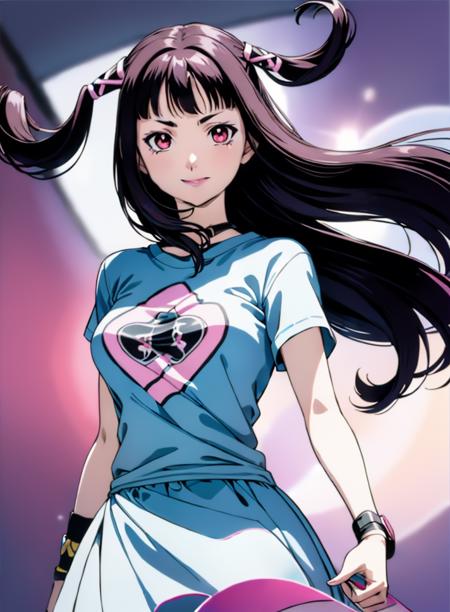 1girl,solo,black hair,smile,breasts,ribbon,long hair,two side up,hair ribbon,pink eyes,twintails,medium breasts,looking at viewer,bangs,blunt bangs,lipstick,<lora:RubyT-011:0.8>,(space background:1.2),(taut shirt :1.2),(Walking with an exaggerated stride :1),