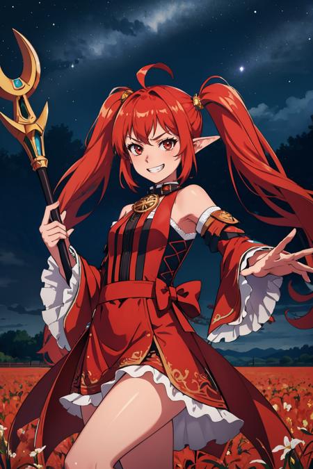 dnfBattleMage, twintails earrings, black and red dress, detached sleeves, red skirt, boots