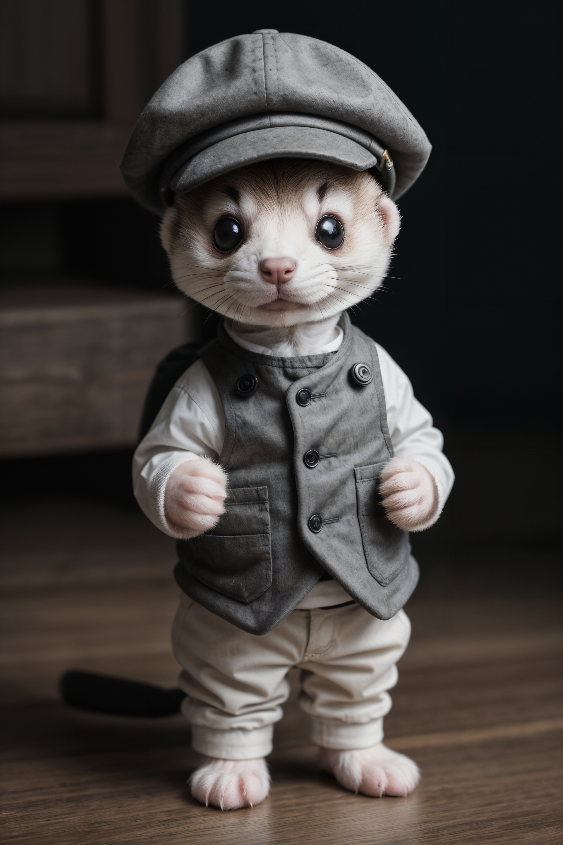 A charming photo of a small anthropomorphic ferret. He is wearing a newsboy cap and has a very long torso masterpiece, ult...