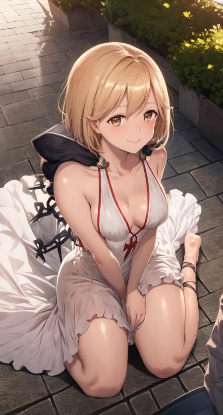 masterpiece, best quality, absurdres, illustration, 8k, perfect shadows, blush, skindentation,  hdr, ambiente lighting, cowboy shot, (shiny skin:1.2) perfect eyes, perfect face, (cute:1.1), eyelashes, lineart
Assassin, 1girl, solo, djeeta (granblue fantasy), light smile, dress, barefoot, brown eyes, sleeveless, cross-laced footwear, hands on chest, hood, sitting, slit skirt, thighs, upper body, from above
outdoors